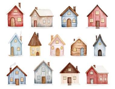Suluboya İskandinav evleri. Şirin peri kuzey evleri. El çizimi çocuksu çizim