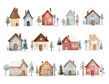  Şirin peri kuzey evleri. Suluboya İskandinav evleri ve ağaçları. El çizimi çocuksu çizim