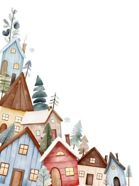 Şirin evleri olan bir kış çerçevesi. Şehir manzarası, Avrupa evleri. Suluboya İskandinav evleri, şablon.