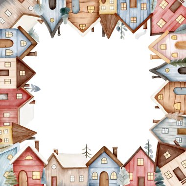 Güzel evleri olan bir çerçeve. Şehir manzarası, İskandinav evleri. Tasarımınız ve şablonunuz için suluboya Avrupa evleri.