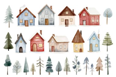 Suluboya İskandinav evleri ve ağaçları. Şirin peri kuzey evleri. El çizimi çocuksu çizim