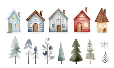Suluboya İskandinav evleri ve ağaçları. Şirin peri kuzeyli evleri. El çizimi çocuksu çizim