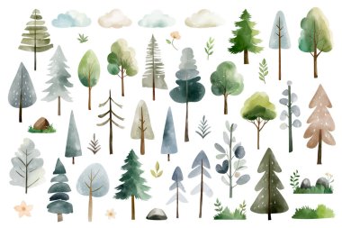 Suluboya orman ağaçları, bitkiler ve bulutlar. Ormanlık alanda suluboya. Karlı ağaçlar. Peri Kuzey doğası.