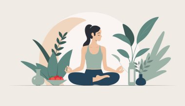 Yoga eğitimi. Huzur ve denge üzerine odaklanan düz sağlık sahnesi. Spor etkinlikleri illüstrasyonu. 