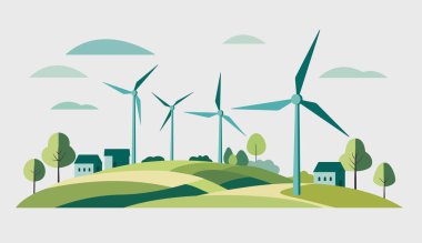 Kırsal bir alana entegre rüzgar türbinleri tasviri. Güçlü yel değirmeni. Düz bir şekilde eko illüstrasyon 