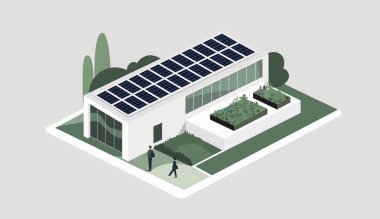 Güneş panelleri olan minimalist büyük bir ev. Düz vektör tarzında çevre dostu sürdürülebilir modern ev tasviri. 