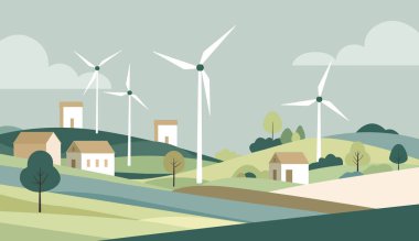 Güçlü yel değirmeni. Kırsal bir alana entegre rüzgar türbinleri tasviri. Düz bir şekilde eko illüstrasyon 