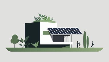 Çevre dostu, sürdürülebilir, düz vektör tarzında modern bir ev tasviri. Güneş panelleri olan minimalist ev