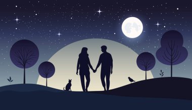 Ay ışığında romantik bir çiftin tasviri. Sevgi dolu bir çiftin el ele tutuşmalarıyla dolu bir arka plan.