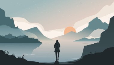 Genç adam dinlenmek için gölün kıyısına geldi. Düz vektör tarzında turizm sahnesi. Pastel renkte dağlar