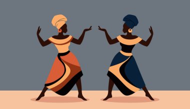 Afrika kültürünü temsil eden minimalist düz bir illüstrasyon. Geleneksel kıyafetlerle dans eden Afrikalı kadınlar, halk sanatından esinlendiler.. 
