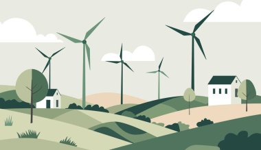 Düz bir şekilde yansıtma. Güçlü yel değirmeni. Kırsal bir alana entegre rüzgar türbinleri çizimi. 