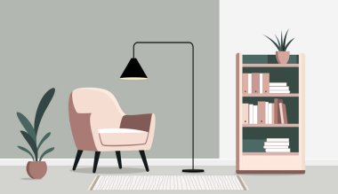 Samimi bir iç köşenin minimalist modern bir çizimi. Bir koltuk, zemin lambası, kitaplık. Yumuşak ve sessiz tonlarName