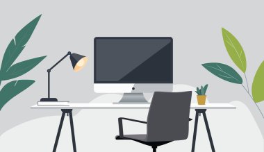 Çalışma alanının minimalist bir temsili. Bilgisayar monitörlü bir masa. Düz dizayn, basit kompozisyon