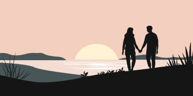 Gün batımında romantik bir çiftin siluetleri. Sevgi dolu bir çiftin el ele tutuşması. Düz bir turizm sahnesi. 