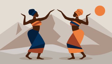 Afrika kültürünü temsil eden minimalist düz bir illüstrasyon. Geleneksel kıyafetlerle dans eden Afrikalı kadınlar. Arkadaki dağlar