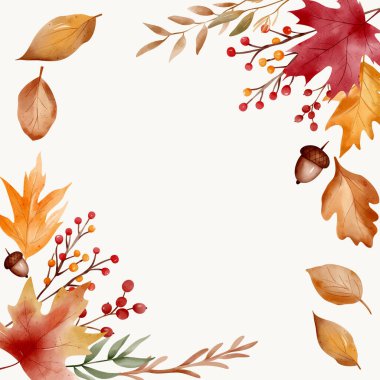 Altın sonbahar suluboya çerçevesi. Elle boyanmış sonbahar yazı, tırnak ya da mesaj için boş alan ile sınır bırakır