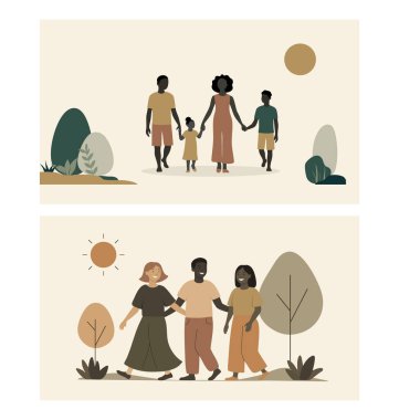 Aile ve arkadaşlığın iki düz çizimi. Bej ve terracotta renklerinde en az sıcaklık sahneleri