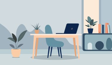 Basit bir çalışma masası ve dizüstü bilgisayar tertipli. Modern minimalist vektör arkaplanı