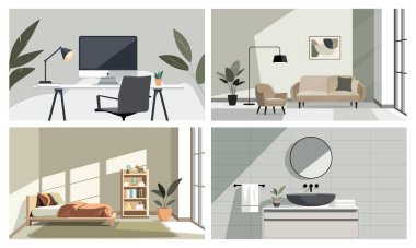 Modern apartman dairesi. Ev ofisi, oturma odası, çocuk odası ve banyo köşesi tarafsız tonlarda.
