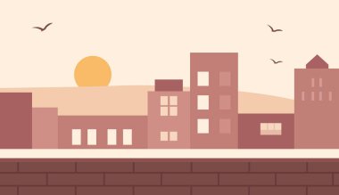 Sıcak renklerle günbatımı şehir manzarası arka planı. Çatı katları. Modern vektör tasarımı için yumuşak şehir silüeti