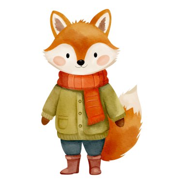 Sıcak kış kıyafetleri içinde suluboya tilki. Beyaz arkaplanda elle boyanmış resimler