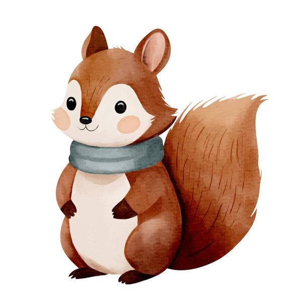Watercolor squirrel wearing cozy scarf. Hand painted illustration on white background