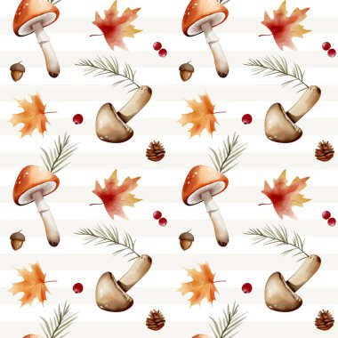 Kusursuz bir şablon. Mantar, yaprak, böğürtlen ve dallarla suluboya arka plan. 