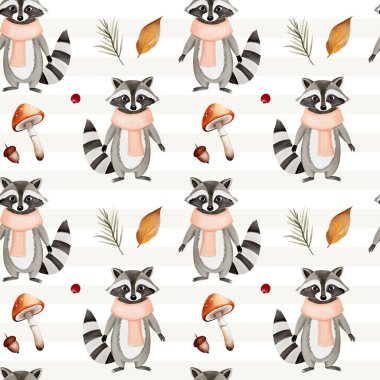 Rakunlu suluboya deseni, yapraklar, sonbahar tasarımı için mantar. Kusursuz bir şablon. Sonbahar ormanı