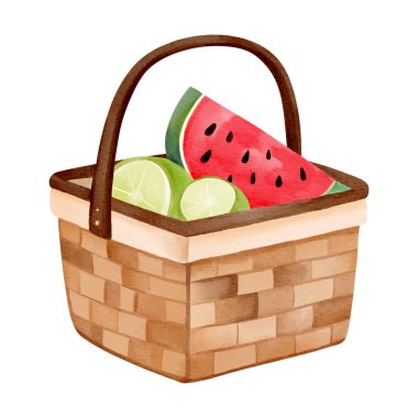 Yaz tasarımı için taze meyvelerle suluboya piknik sepeti, mevsimsel illüstrasyon