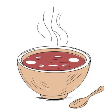 Elle çizilmiş bir kase sıcak çorba, eskiz stili, siyah çizgili. Ev yapımı deco için samimi yemek çizimi