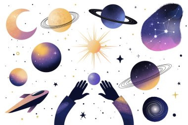 Gezegenler, ay, yıldızlar ve uzay gemisinin mor ve sarı tonlarında çizilmiş el yapımı uzay elementleri.