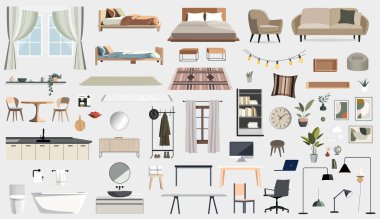 Düz bir iç mekan. Mobilyalar ve banyo malzemeleri. Modern dekorlar, halılar, lambalar ve ev aksesuarları..