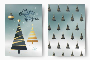 Xmas şablonu. Mutlu Noeller kartı ve örtü olarak desen. Parlayan noel ağacı, harfler.