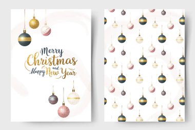 Xmas şablonu. Mutlu Noeller kartı ve örtü olarak desen. Parlayan noel baloları, harfler.