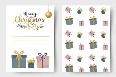 Bir dizi Mutlu Noeller kartı ve örtü. Xmas şablonu. Parlayan Noel hediye kutuları.