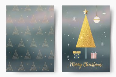 Xmas şablonları. Mutlu Noeller kartı ve örtü olarak desen. Parlayan Noel ağaçları, hediyeler, harfler..