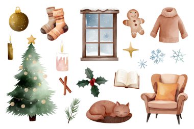 Sıcak noel suluboya seti. El yapımı kış klipsi. Koltuk, kedi, kitap, ağaç, süveter, çorap içerir