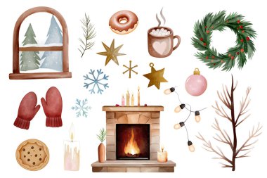El yapımı kış tatili seti. Suluboya sıcacık bir Noel. Şömine, mum, pencere, çelenk, çelenk, eldiven ve kakao.. 