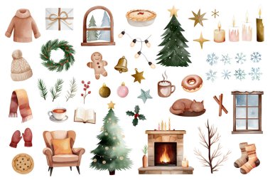 Büyük, rahat bir Noel suluboya seti. El yapımı kış klipsi. Xmas. Sıcak içecekler, şömine, ağaçlar, kedi, çorap, kar taneleri, kurabiyeler 