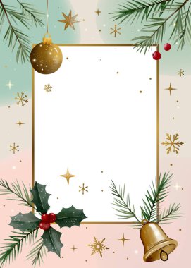 Boş el, altın elementlerle dolu Noel tebrik kartı boyadı. Suluboya çan, takı, kar taneleri ve çam. 