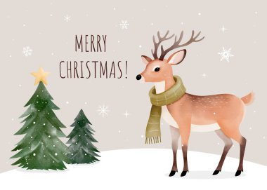 Elle boyanmış Noel tebrik kartı. Sulu suluboya geyik. Pastel renklerde mutlu noel kartları