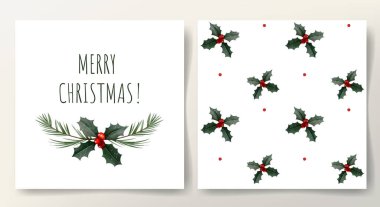 Minimalist mutlu noel kartpostalı, ökseotu, dut ve ökseotu desenli. Tatil tasarımı