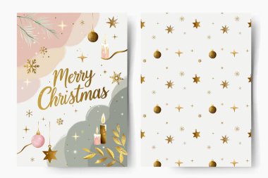 Altın harfli mutlu noel kartları, suluboya mumlar ve Xmas mücevherleriyle desenler. Tatil tasarımı. Xmas şablonu. 