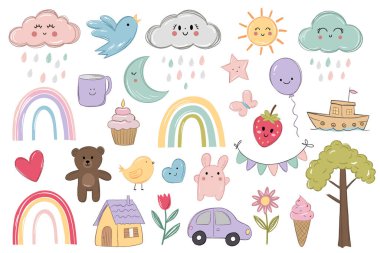 Gökkuşağı, ev, araba, çiçek, kalp, bulut, ağaç, güneş, ayı, gemi ile eğlenceli karalama seti. Çocuksu çizim stili.