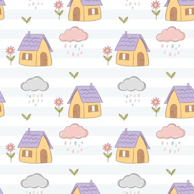 Çocukların pastel boyayla boyadığı evlerde, bulutlarda ve çiçeklerde kusursuz desenler. Sevimli, çocuksu bahar arkaplanı.