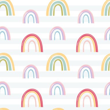Çocuk pastel boyasıyla gökkuşağı desenli kusursuz desen. Eğlenceli renkli gökyüzü arkaplanı
