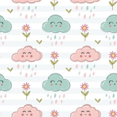 Gülen bulutlar ve çocukların pastel boya stilinde çiçeklerle kusursuz bir desen. Sevimli, çocuksu karalama tasarımı..