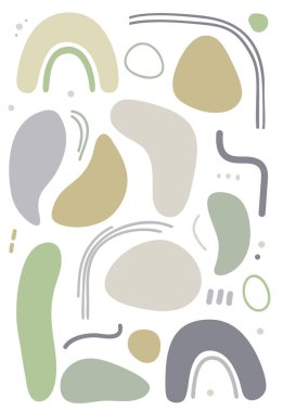 Soyut şekiller ve kemerler ayarlandı. Pastel yeşili ve bej rengi. En küçük düz karalama elemanları koleksiyonu