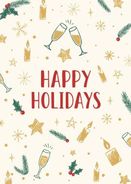 İyi bayramlar kartı. Pastel boya. Modern illüstrasyon, tebrik kartı, geçmiş. Güzel tebeşir karalamaları. Xmas Süslemeleri.